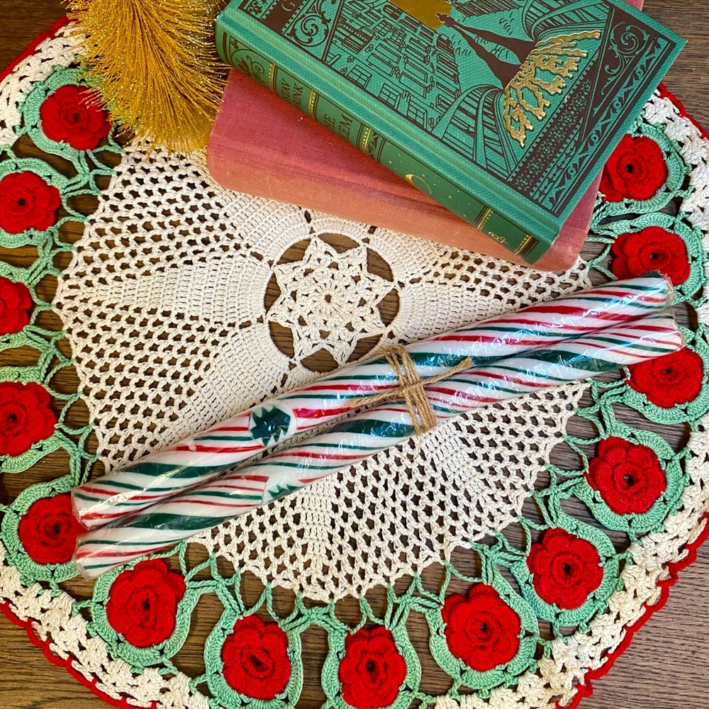 12” Vintage Red/Green Striped Christmas Tree Candlesticks, Candy Cane Candles